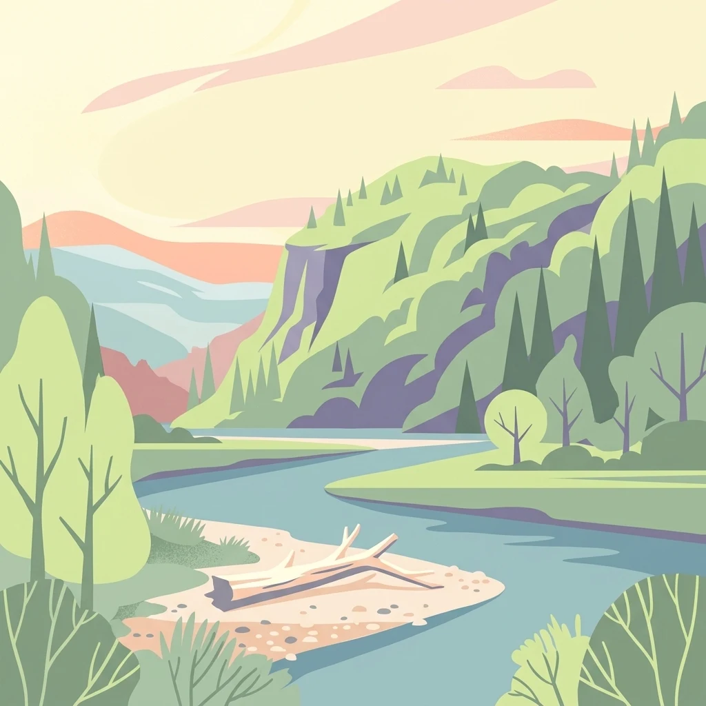 A flat vector-style illustration of a winding river flowing through a forested valley with a fallen log on a gravel bank in the foreground.