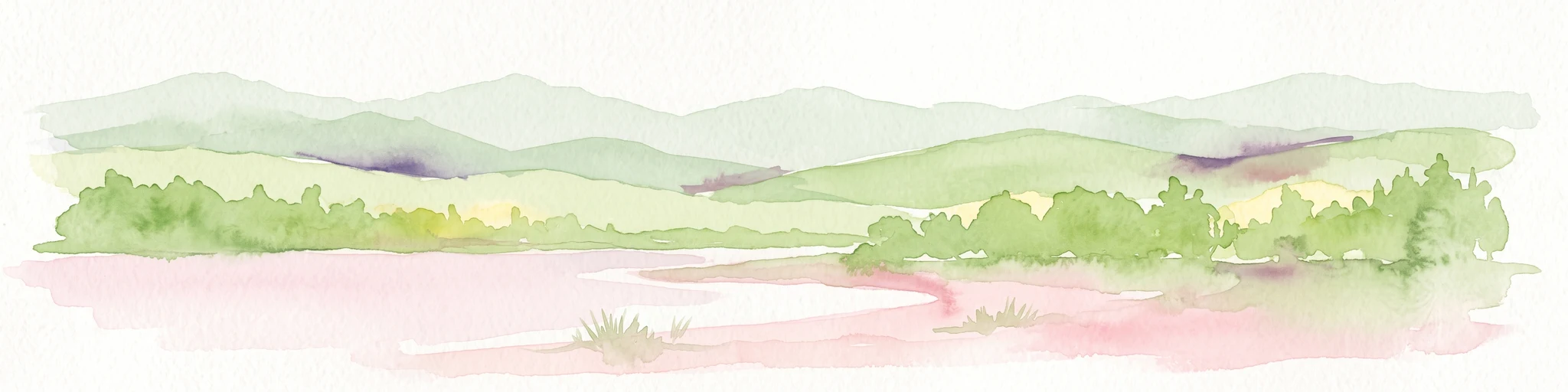 Ilustración en acuarela que muestra un río serpenteante, árboles ribereños verdes y suaves colinas onduladas al fondo.
