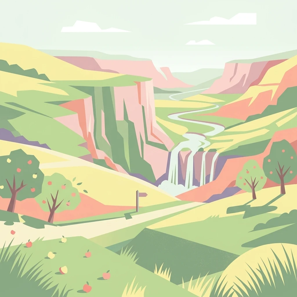 Una ilustración digital de estilo plano y minimalista que representa un paisaje ondulado con acantilados escarpados, una cascada que desemboca en un arroyo serpenteante y manzanos en primer plano.