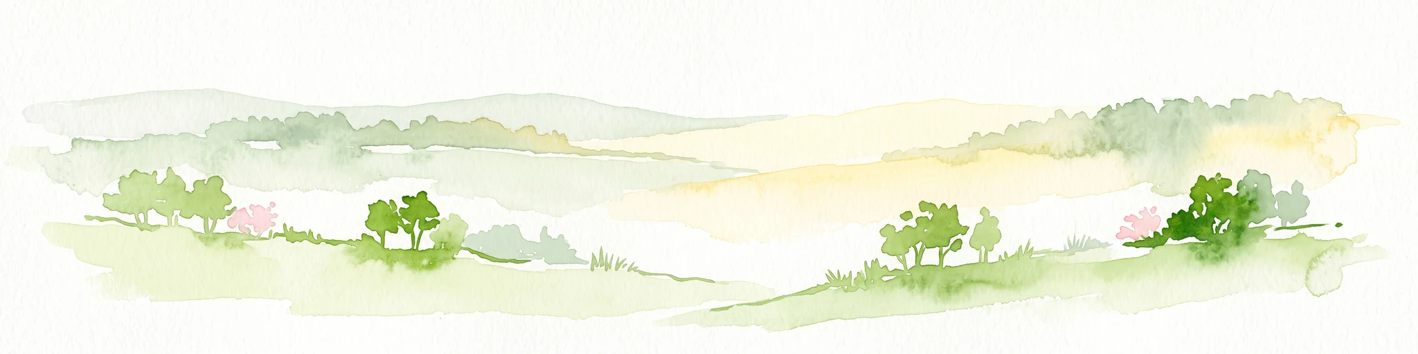 A soft watercolor illustration of rolling hills with gentle green and yellow tones, dotted with clusters of green trees and hints of pink flowers on a white background.