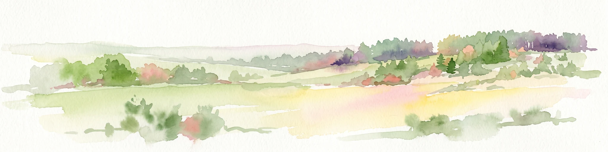 Pintura en acuarela de un paisaje rural abierto y ondulado con parches de vegetación verde, árboles y campos dorados bajo un cielo blanco suave.