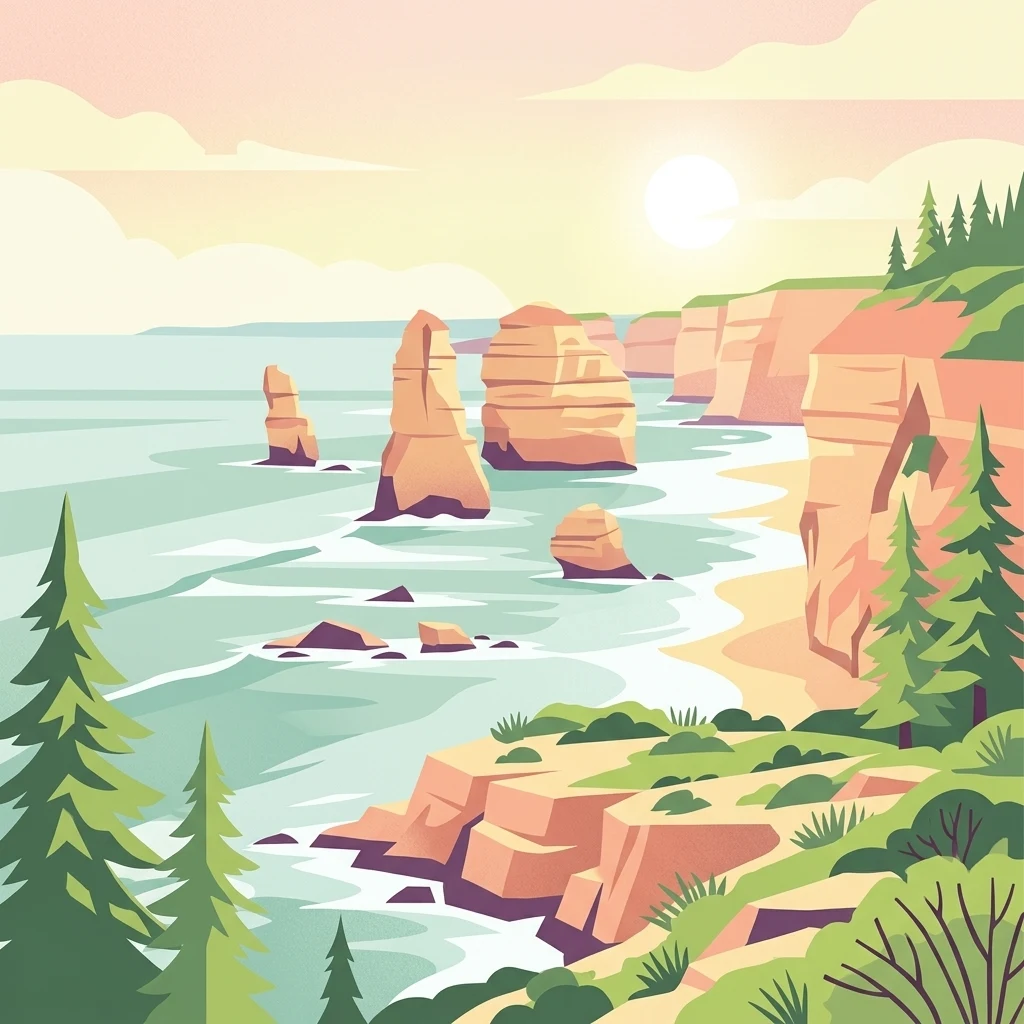 A flat vector illustration of a coastal landscape featuring tall sea stacks rising from the ocean, sandy beaches, cliffs, and pine trees under a warm sunset sky.