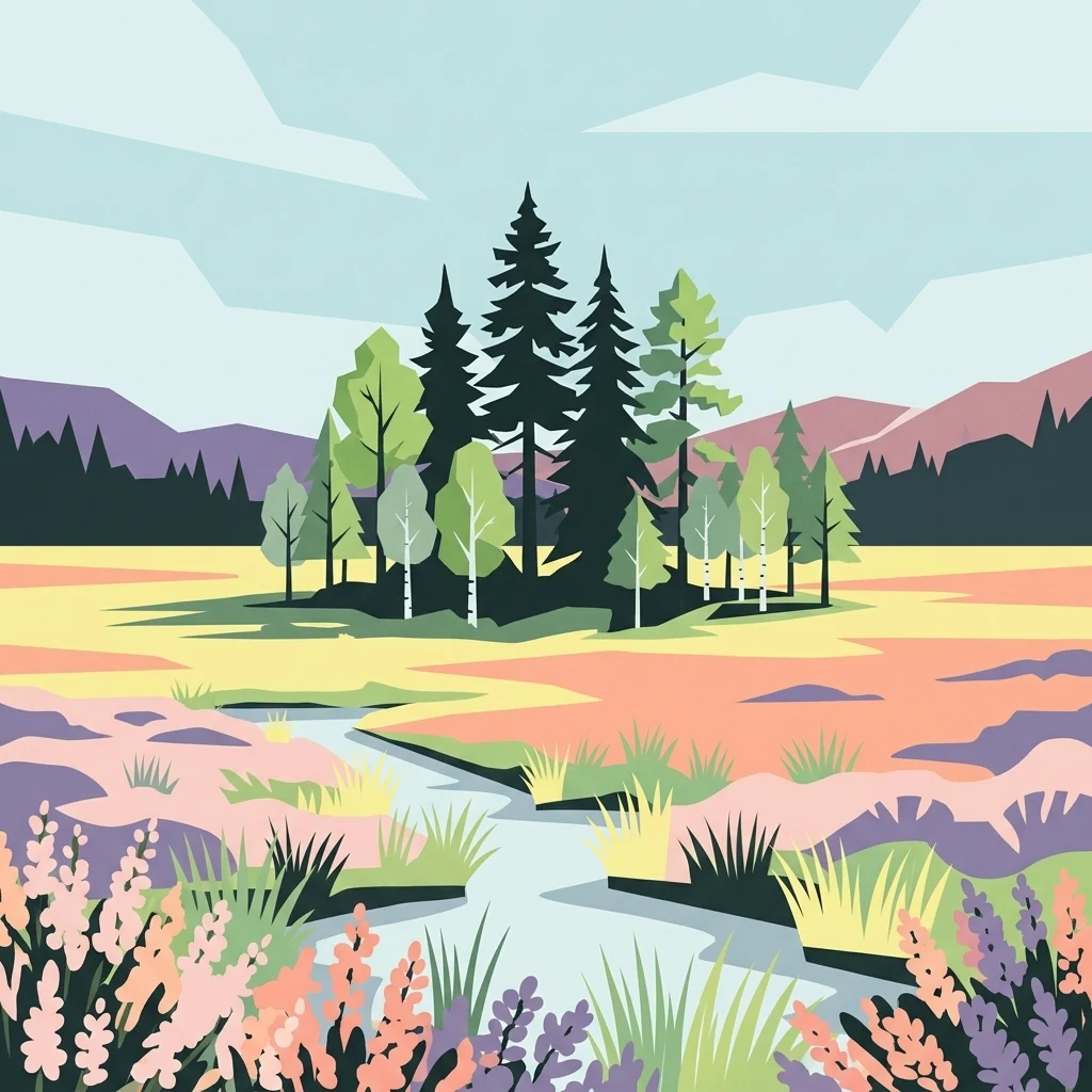 A flat-style digital illustration of a wetland scene. A small cluster of evergreen and birch trees sits in the center of a marshy landscape. A winding light-blue stream cuts through colorful foreground flora, including pink and purple marsh flowers, with distant rolling hills under a pale sky.