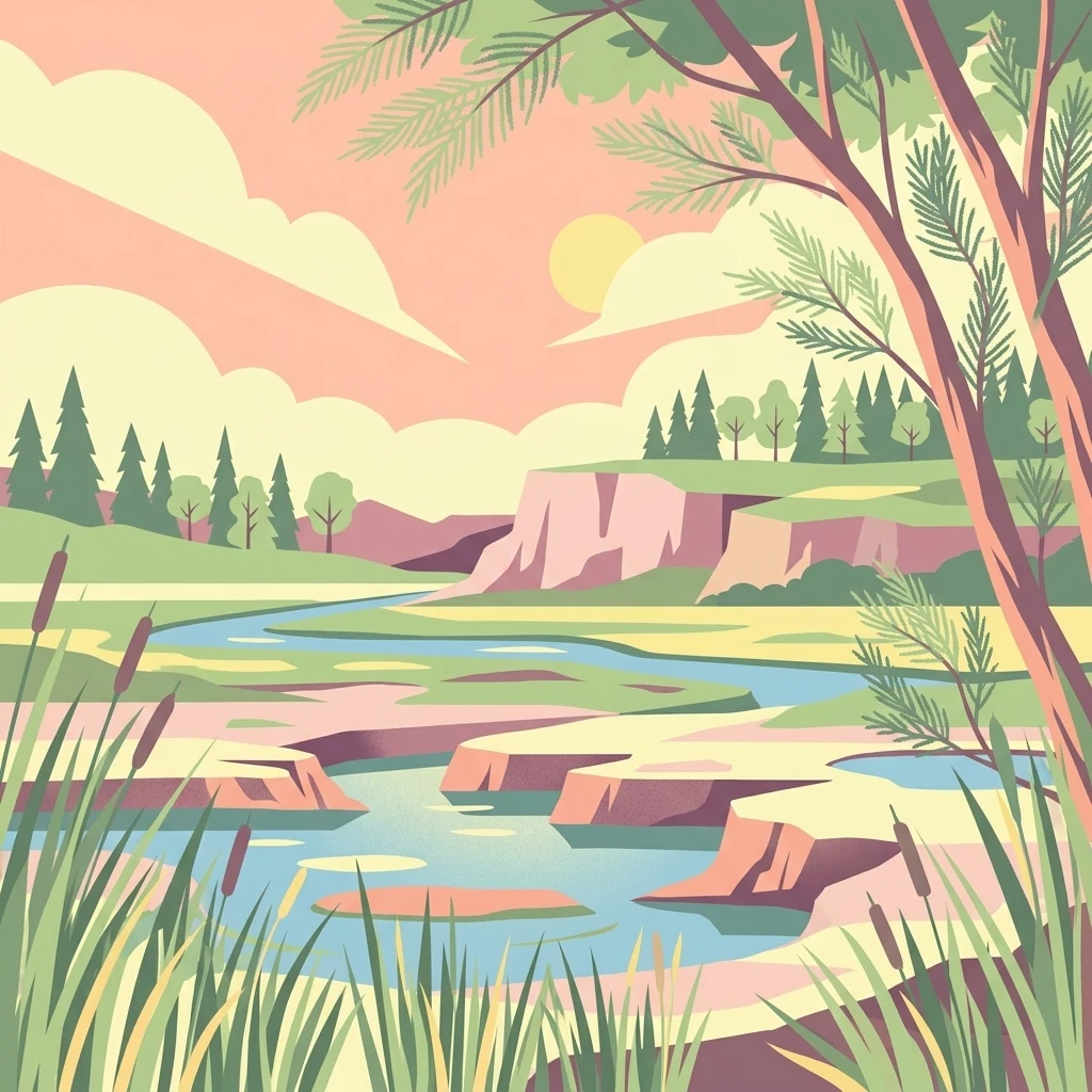 A flat-style digital illustration showing a winding river flowing through a wetland area with cliffs, pine trees, and tall reeds in the foreground under a pastel sky.