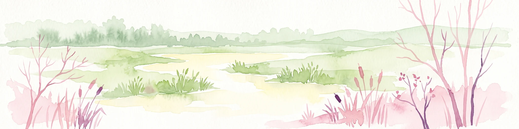 A watercolor illustration of a tranquil marshland scene with soft green and muted pink tones, depicting reeds, sparse trees, and calm water.
