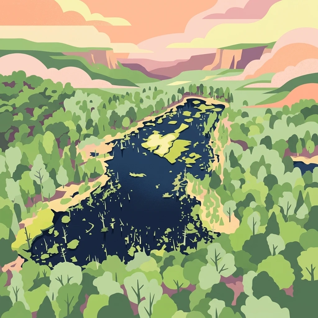 A colorful digital illustration showing a dark blue body of water with green vegetation patches, surrounded by a forest of green trees, with layered pink and purple cliffs and clouds in the distance.