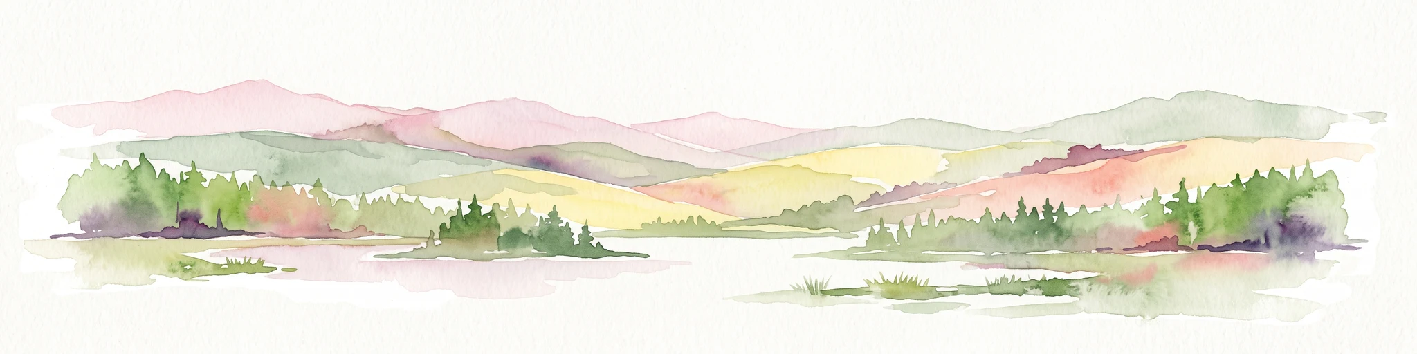 A wide watercolor painting showing a body of water in the foreground, green trees along the banks, and rolling hills and mountains in soft pink, yellow, and green hues in the background.