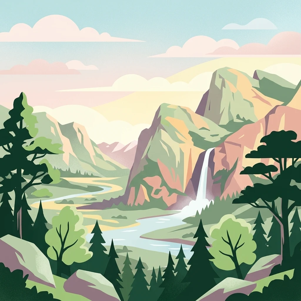A vector art illustration of a mountain landscape with a central waterfall flowing into a river, framed by pine trees and pastel colored peaks.