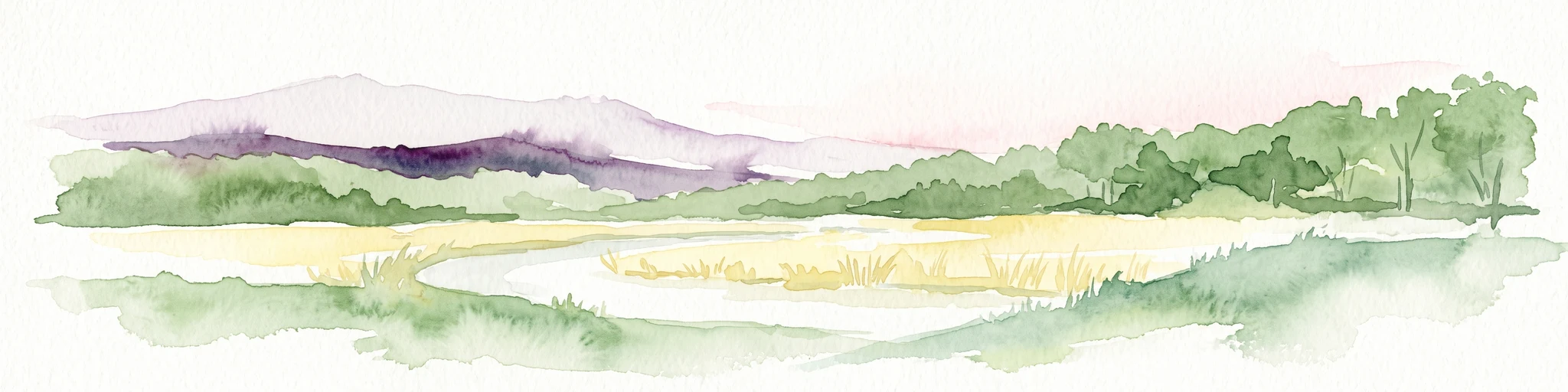 A panoramic watercolor painting showing a winding river in a green meadow, with a line of trees on the right and purple mountains in the background.