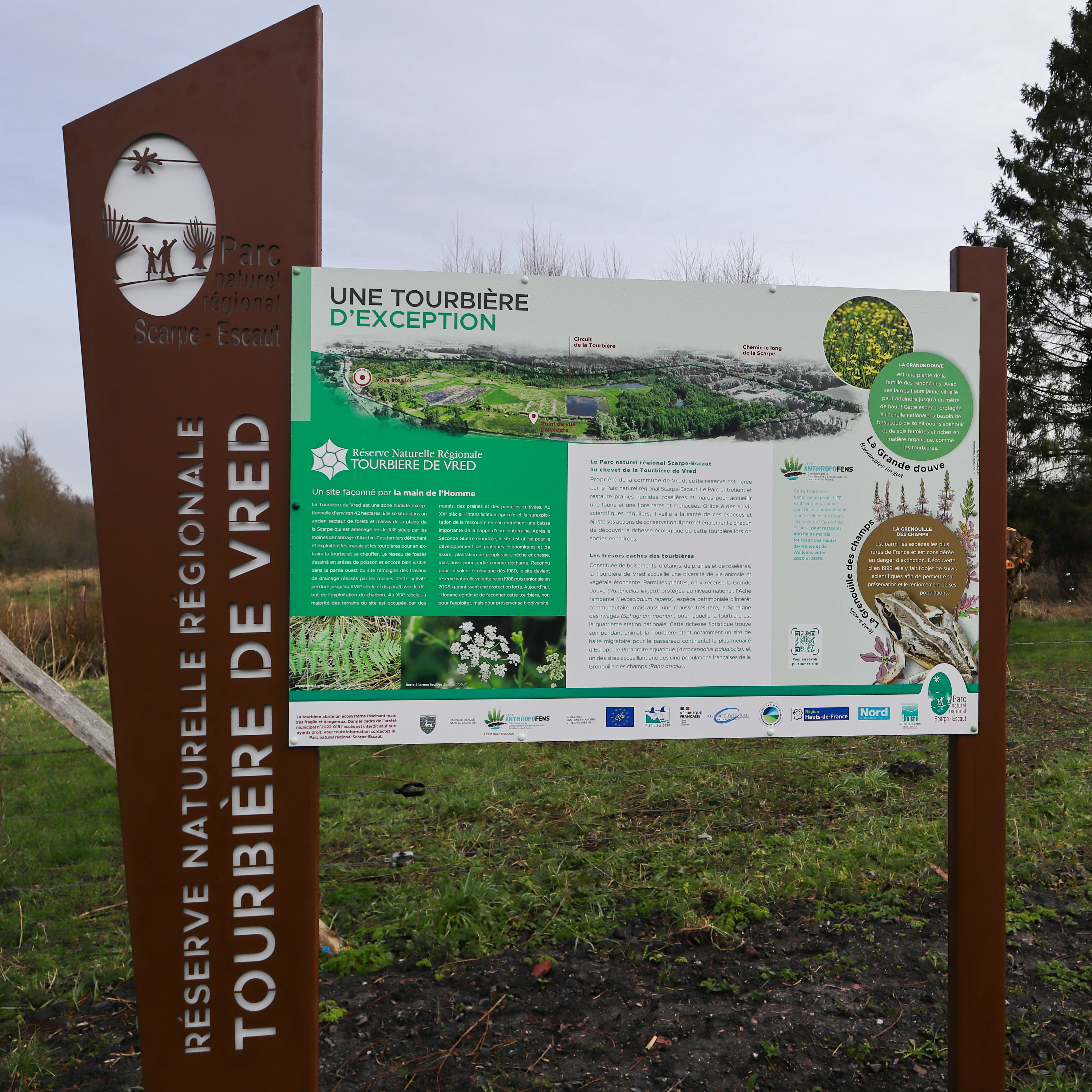 A large brown and white informational sign standing in a grassy field, displaying text, graphics, and an aerial map about the Vred Peatland Regional Nature Reserve.
