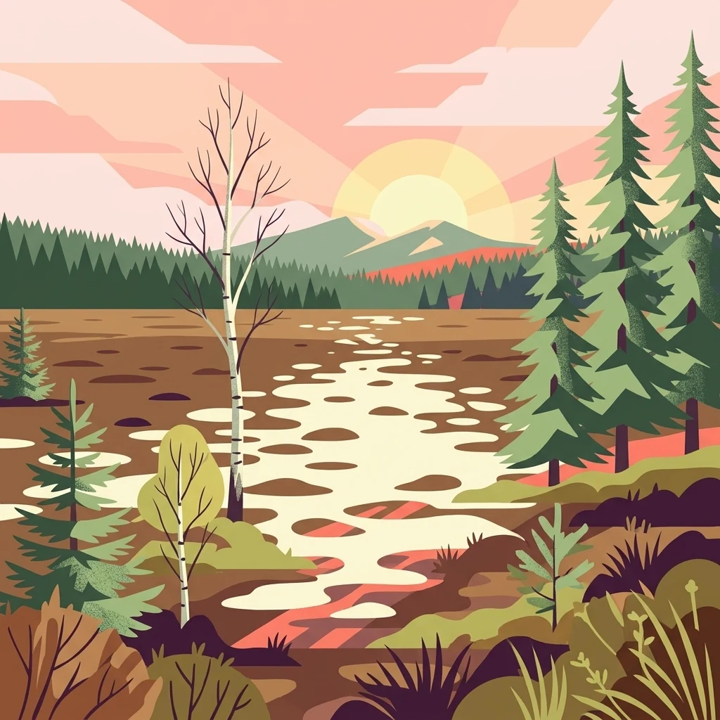 A digital illustration showing a tranquil peat bog with reflective water pools, surrounded by coniferous and deciduous trees, with distant mountains under a soft pink sunset sky.