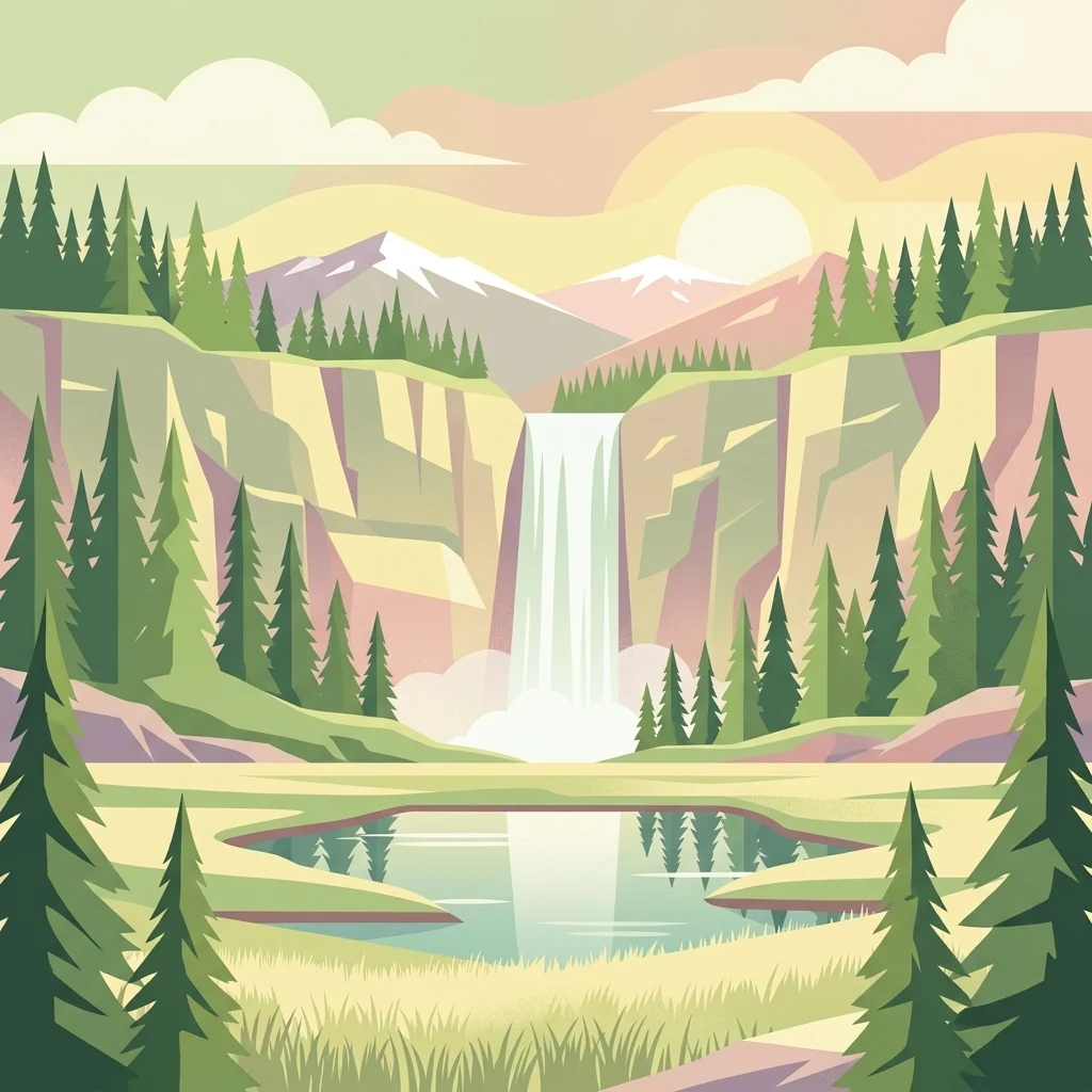 A graphic art illustration depicting a scenic alpine landscape with snow-capped mountains, a central waterfall cascading into a pond, surrounded by pine trees under a soft, sunrise-lit sky.