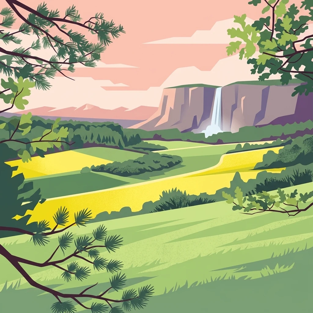 A stylized, graphic-style illustration of a green valley with a distant cliff face and a waterfall, framed by foreground pine and deciduous branches under a pink and peach sky.