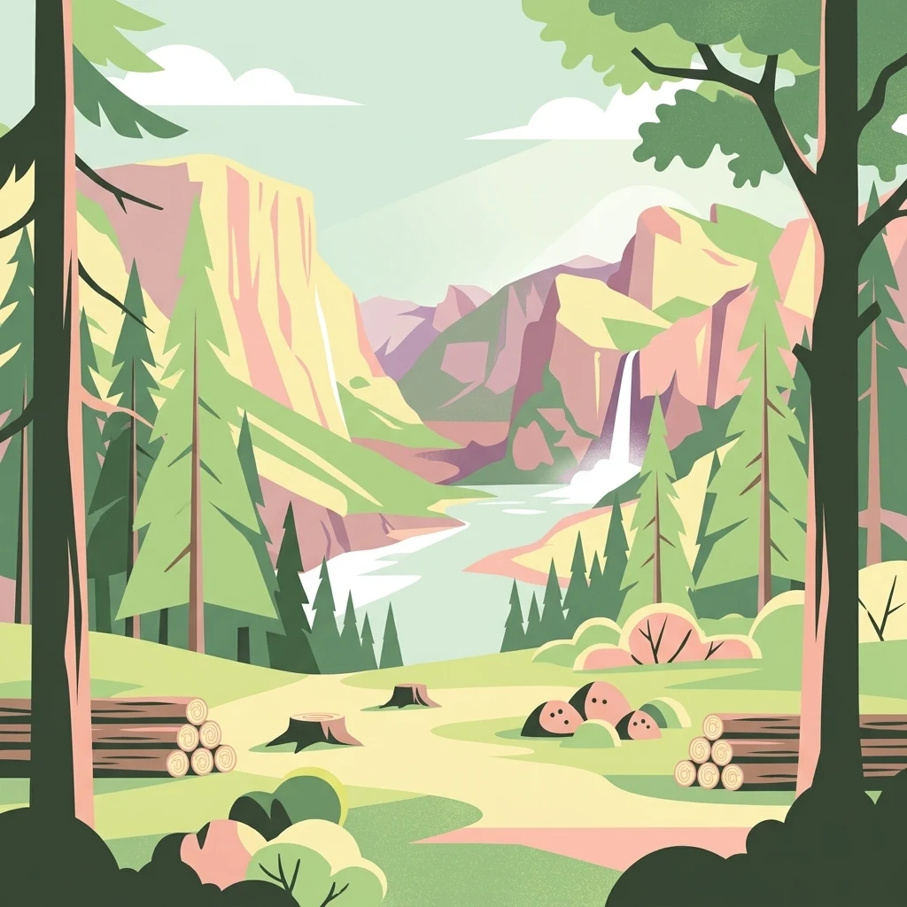 Una ilustración vectorial estilizada que muestra una escena forestal montañosa con una cascada, un arroyo, tocones de árboles y troncos apilados en primer plano.