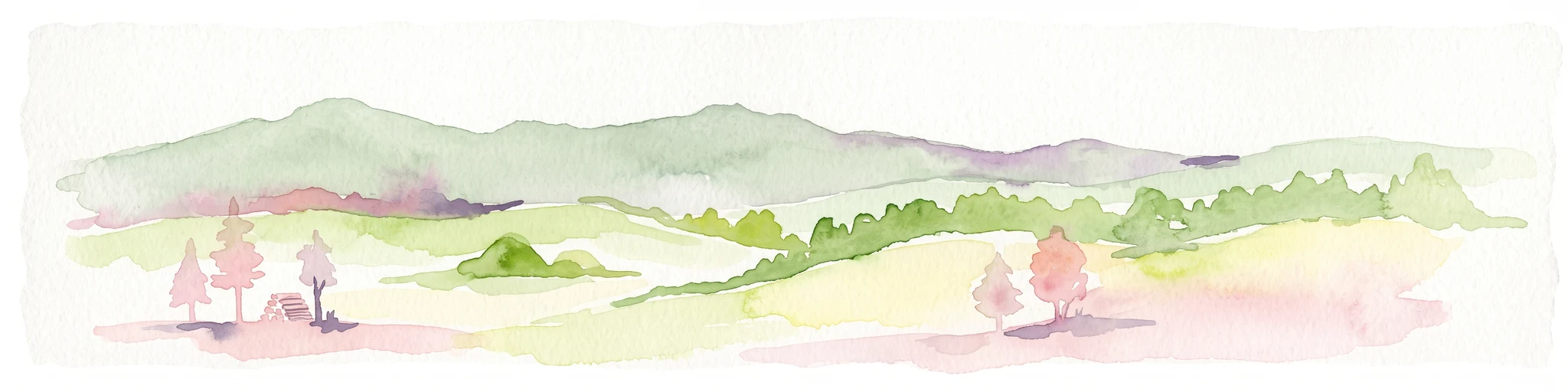 A soft, painterly watercolor illustration showing rolling green hills, distant ridgelines, and sparse trees against a white background.