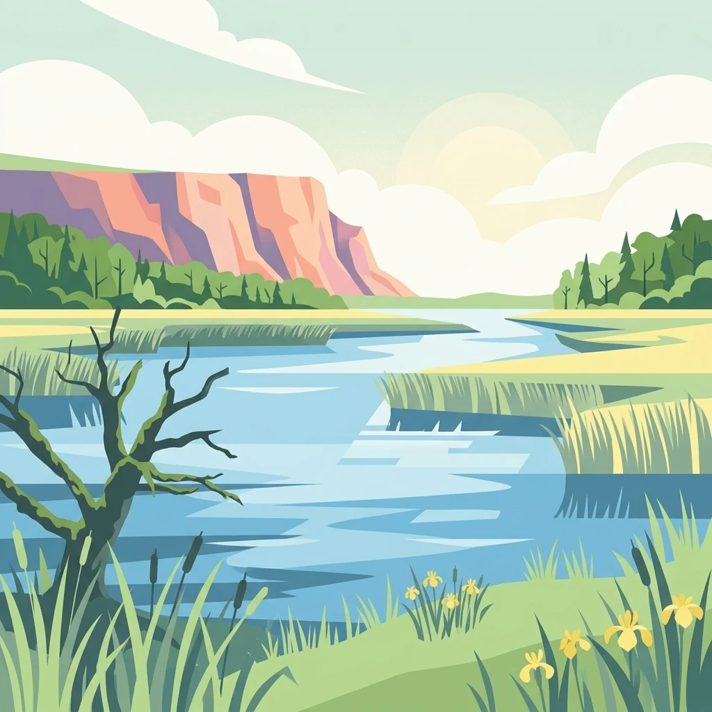 A stylized flat illustration of a wetland landscape featuring a calm blue river, marsh grasses, yellow flowers, and a large rock formation under a bright sky with soft clouds.