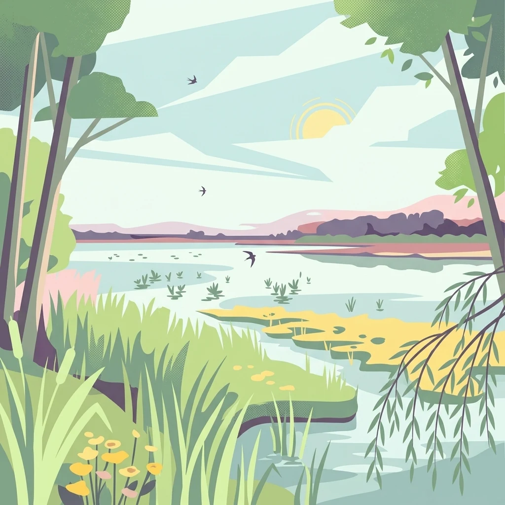 A stylized flat-design illustration showing a tranquil pond surrounded by tall grasses, willow trees, and gentle hills under a soft sun.