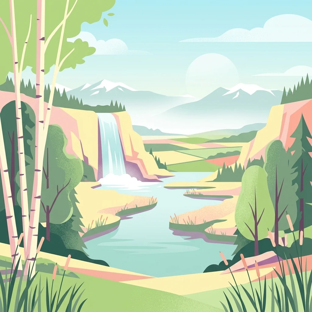 A flat-style digital illustration of a scenic valley with a pond, a waterfall cascading over cliffs, birch trees in the foreground, and distant snow-capped mountains.