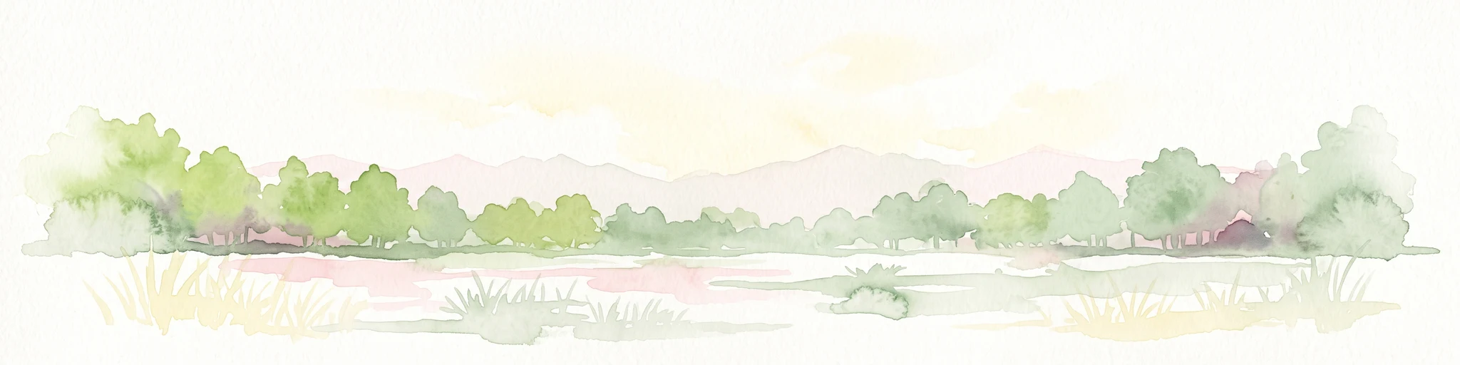 Una ilustración pálida y suave en acuarela que muestra un paisaje horizontal de un estanque y humedales bordeados de árboles, con siluetas tenues de montañas a lo lejos.