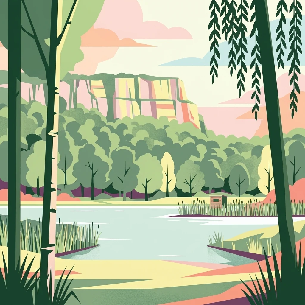 A flat, vector-style illustration of a peaceful pond surrounded by trees and reeds, with a cliff face in the background.