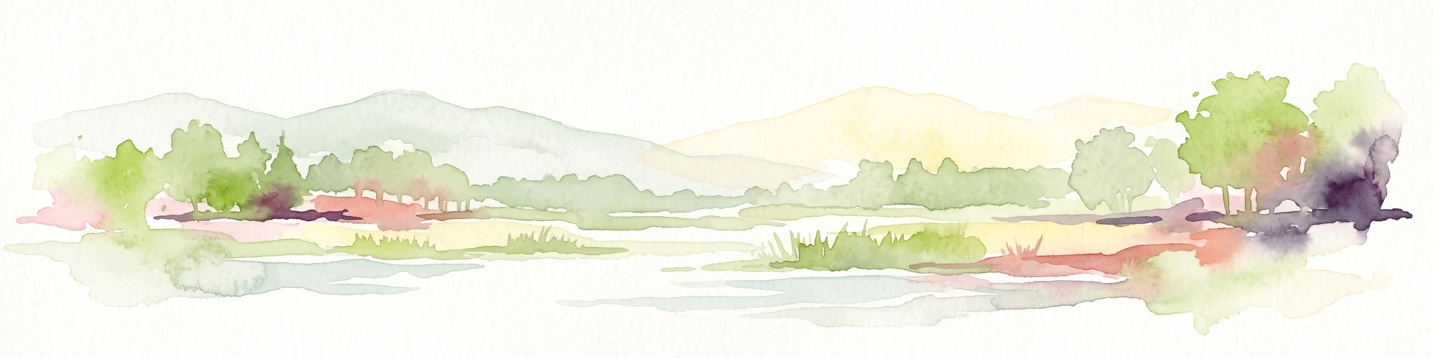 A horizontal watercolor illustration showing a pond with green trees, reeds, and low hills in the background against a white backdrop.