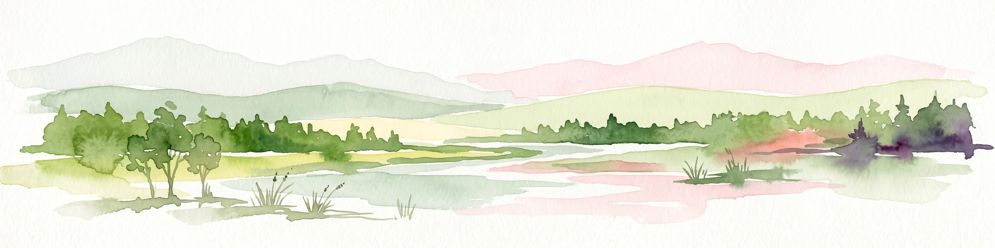 A soft watercolor painting of a wetland landscape featuring a central pond, surrounding reeds, and distant rolling hills in pale green and pink hues.