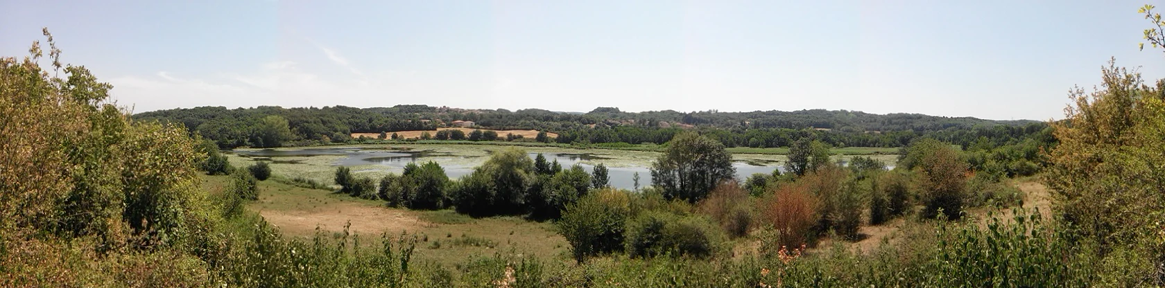 Panoramic landscape view of a central pond surrounded by trees, wetlands, and rolling hills under a bright sky.