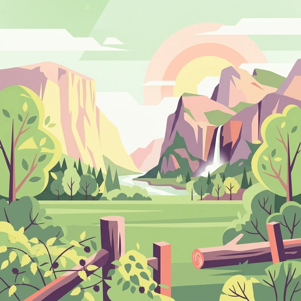 A digital flat-style illustration of a green mountain valley with a waterfall cascading from rocky cliffs, a river, and a wooden fence in the foreground.