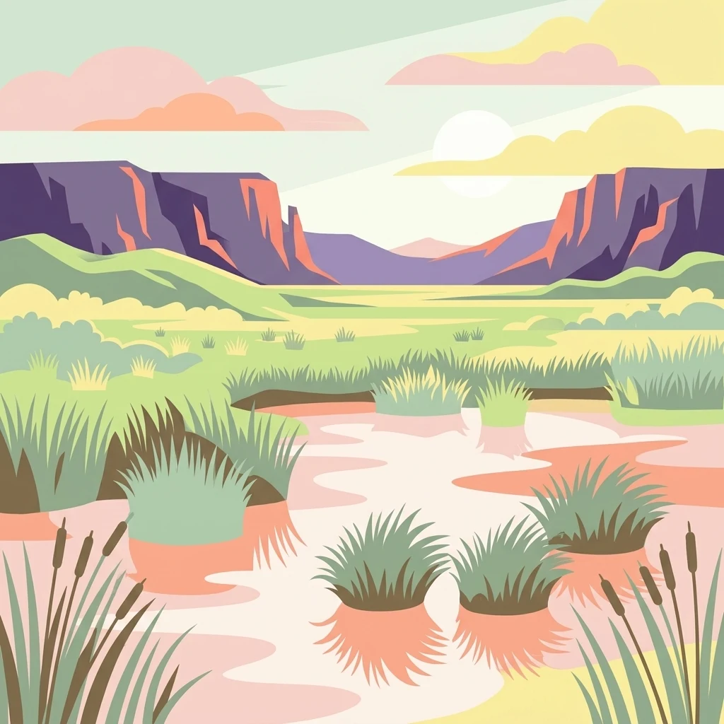 Una ilustración digital de estilo plano que muestra un humedal pantanoso con manchas de hierba alta en primer plano y acantilados rocosos oscuros al fondo bajo un cielo pálido de colores suaves.
