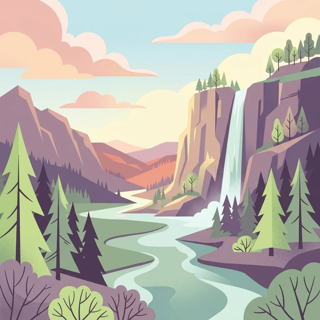 A flat-style digital illustration of a scenic valley, featuring a tall waterfall on the right plunging into a winding river that flows through the center. Pine trees and rocky cliffs frame the scene, under a pastel-colored sunset sky.