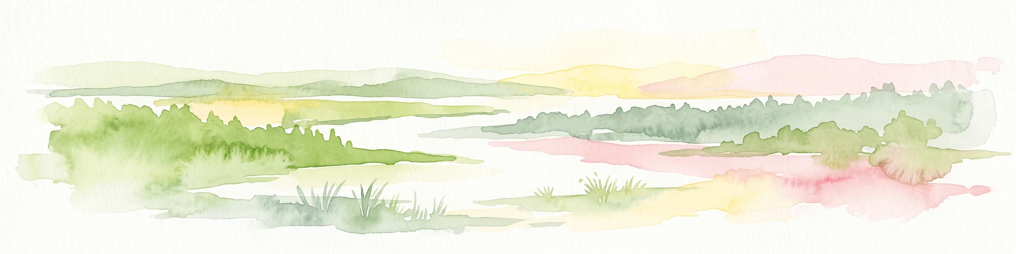 Una pintura horizontal en acuarela que representa un paisaje suave y deslavado de humedales con vegetación verde, agua tranquila y colinas suaves a lo lejos.