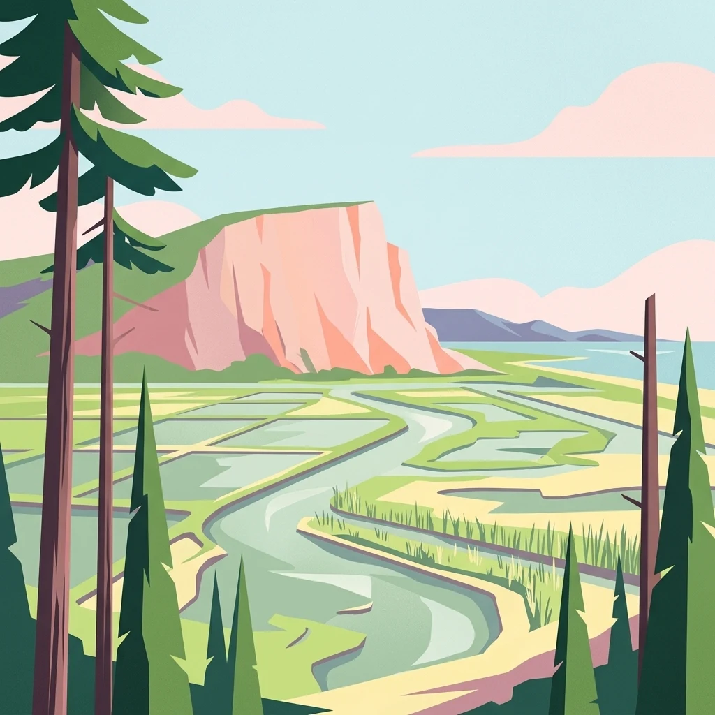 A stylized flat-design illustration showing a winding river flowing through wetlands towards a large pinkish cliff face near the coast, framed by coniferous trees in the foreground.