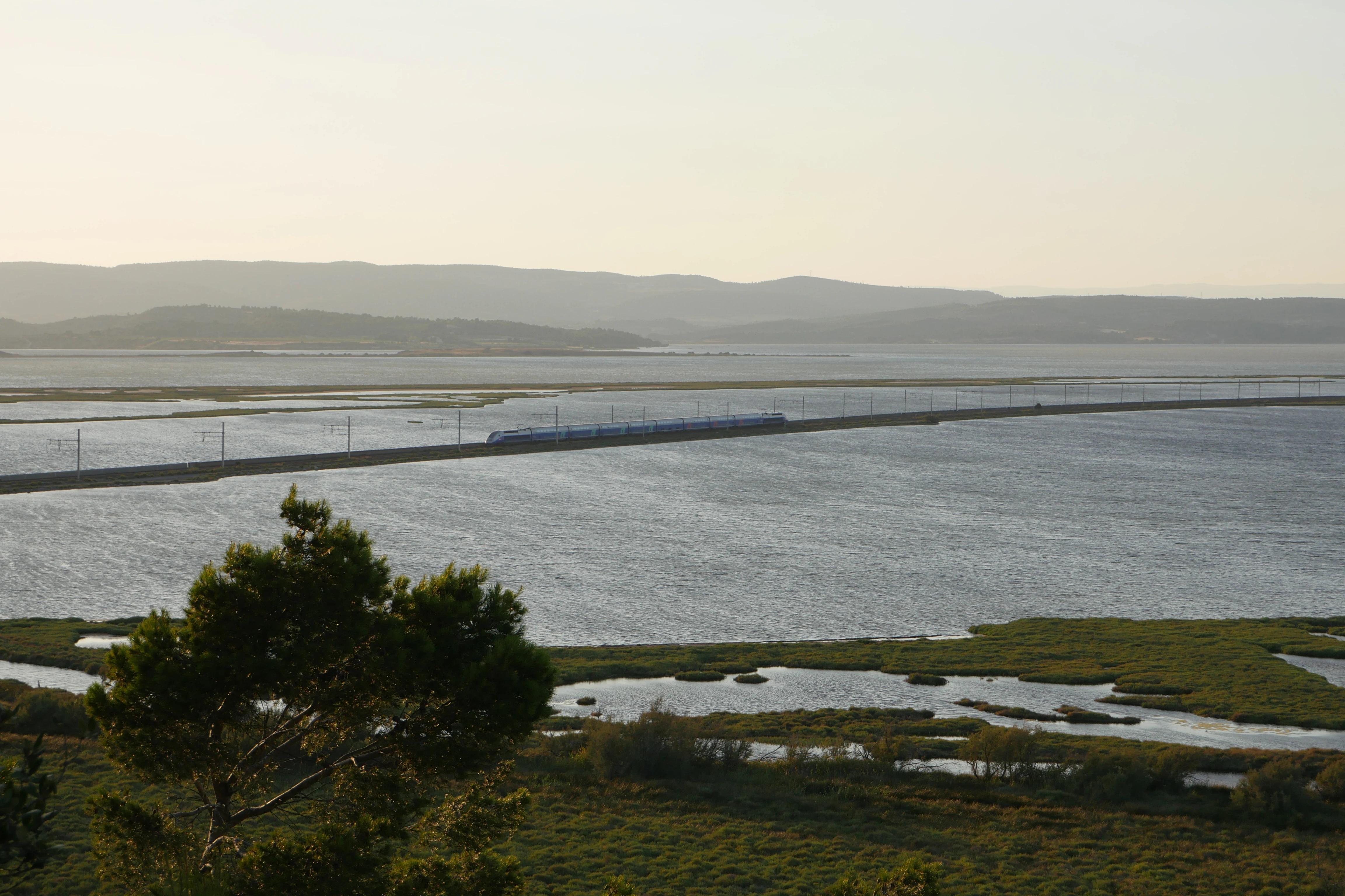 A wide view of a train traveling across a long railway embankment that cuts through a vast coastal wetland, with calm water and distant low hills under a soft light.