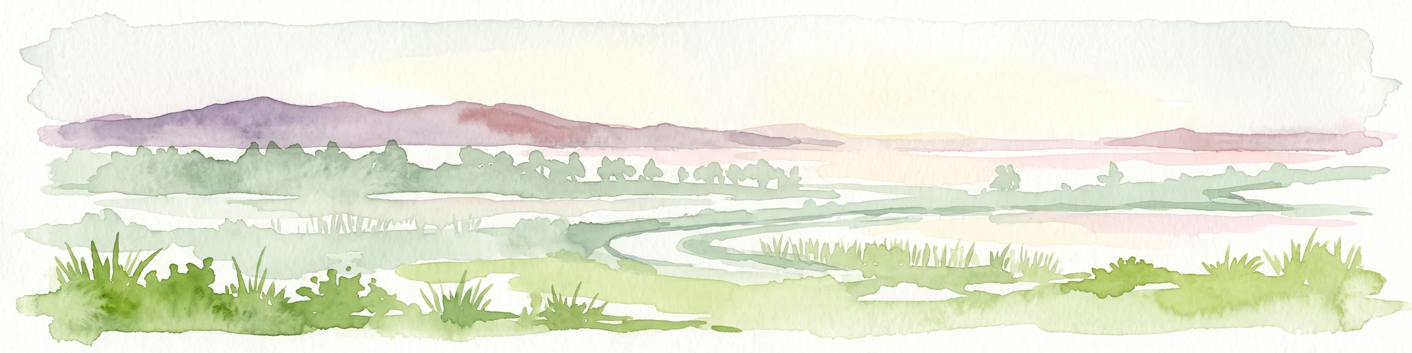 Pintura a la acuarela que representa un paisaje con un primer plano verde pantanoso, agua serpenteante, árboles lejanos y montañas bajo un cielo claro.