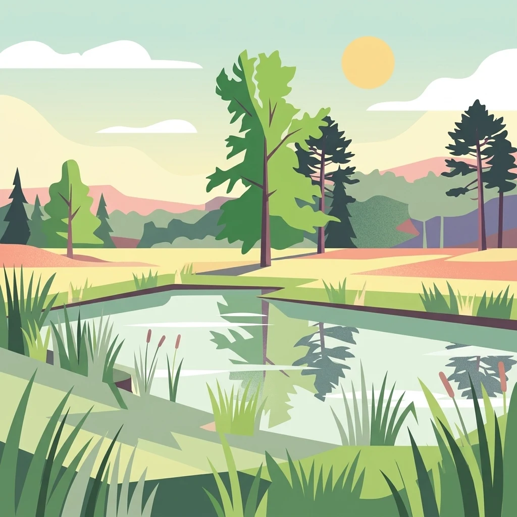 Una ilustración digital de un estanque sereno rodeado de orillas cubiertas de hierba, juncos altos y varios árboles bajo un sol suave, que refleja el paisaje circundante en la superficie del agua.