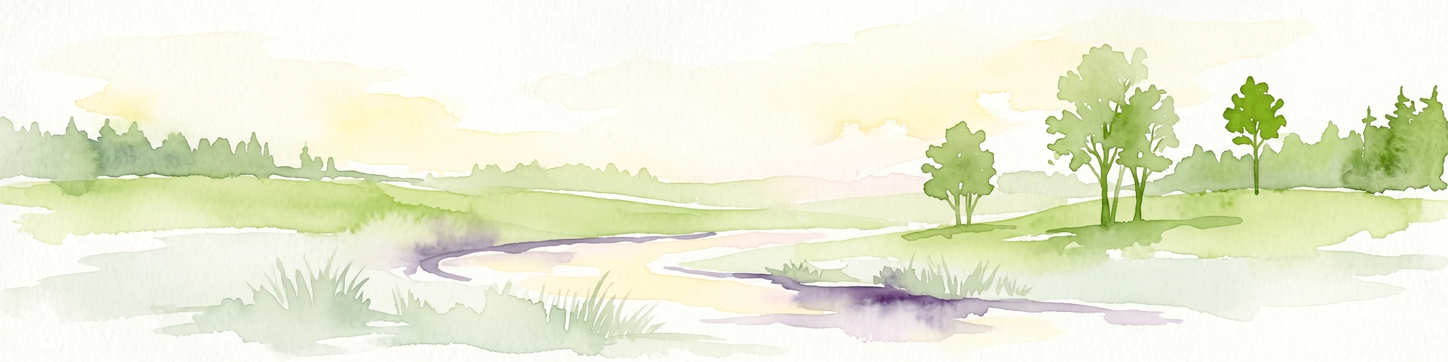 A soft watercolor illustration depicting a serene landscape with rolling green fields, scattered deciduous trees, and a small meandering stream, set against a light, hazy background.