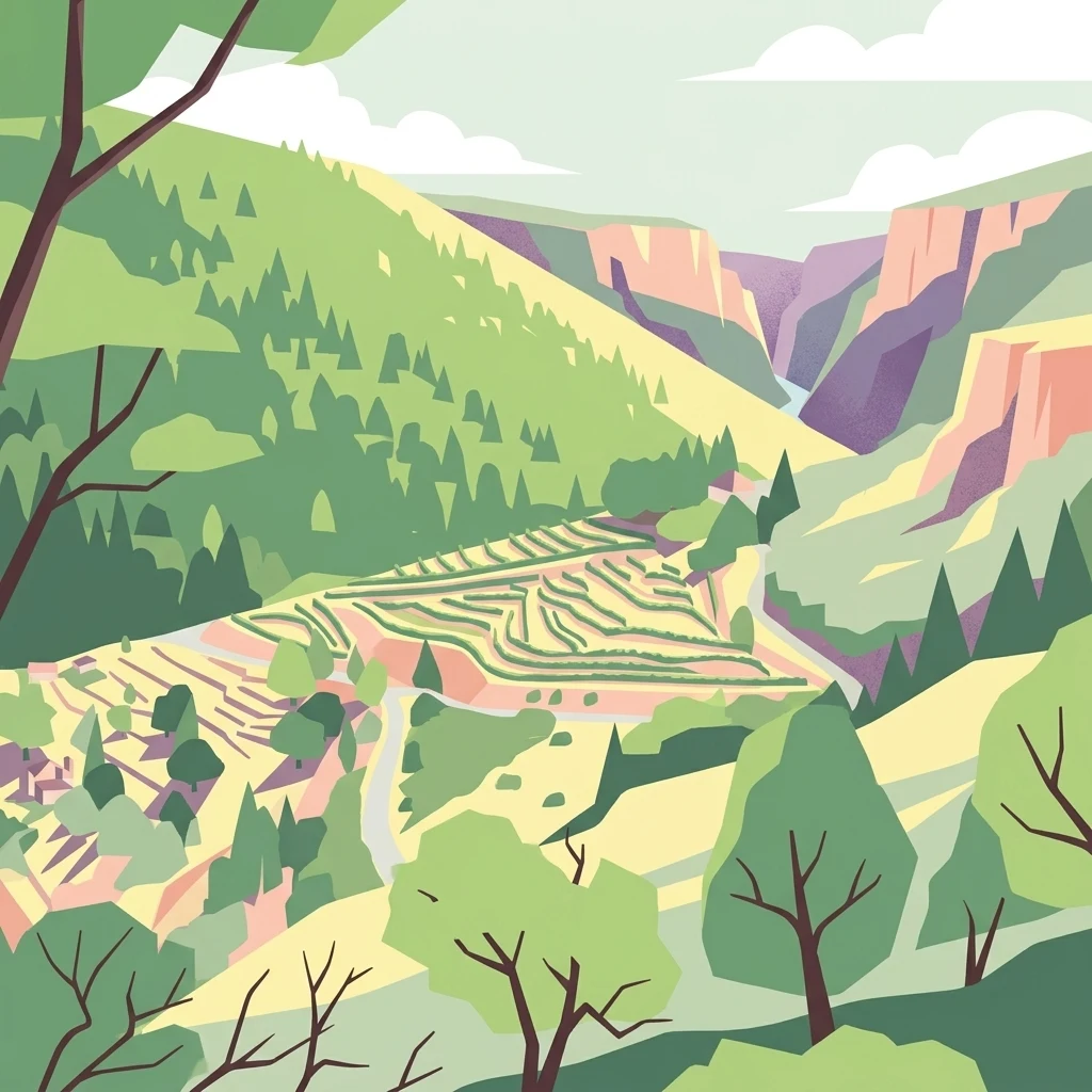 A stylized vector illustration of a river valley with terraced hillsides, pine forests, and steep rocky slopes under a light sky.
