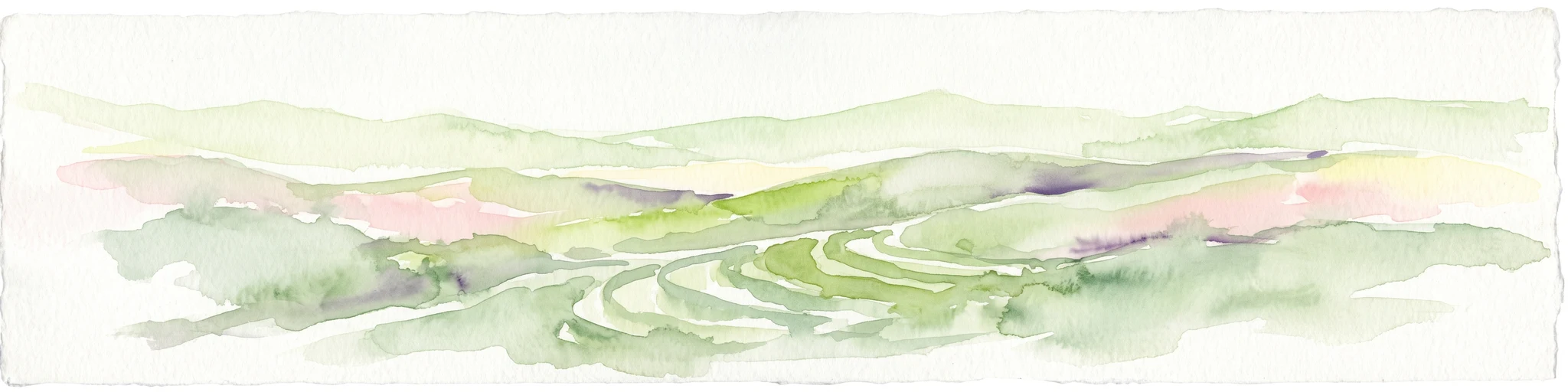 A soft, light-toned watercolor painting showing rolling green hills and valley slopes under a pale sky.