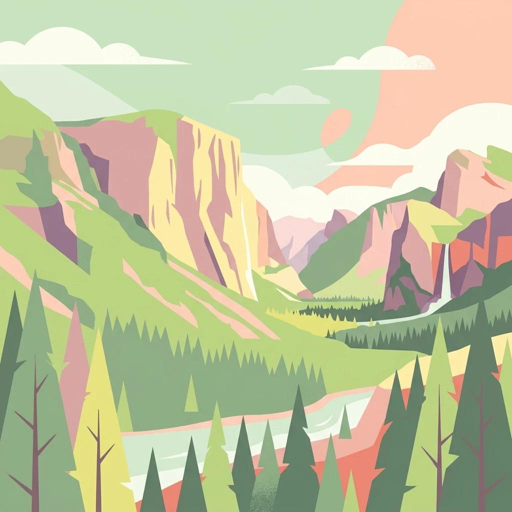 A digital illustration in a flat, graphic style depicting a lush mountain valley, featuring tall cliffs, a waterfall dropping from a canyon wall, a winding river, and a foreground of coniferous trees under a soft, pastel-toned sky.