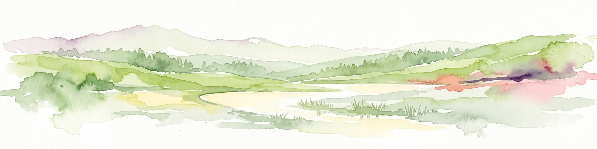 Una pintura minimalista en acuarela que muestra colinas verdes onduladas y un paisaje suave bajo un cielo claro.