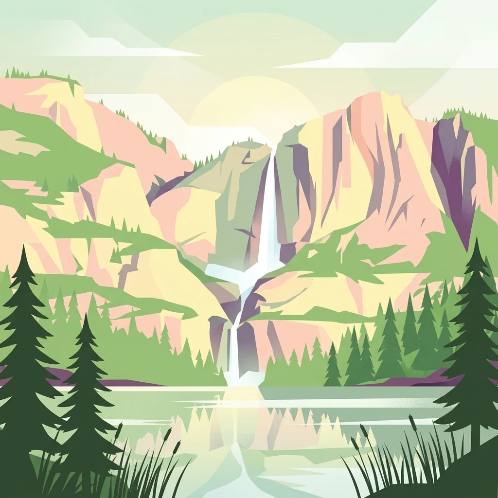 Digital vector-style illustration of a mountainous landscape with a two-tiered waterfall flowing into a calm lake, surrounded by evergreen trees in the foreground.