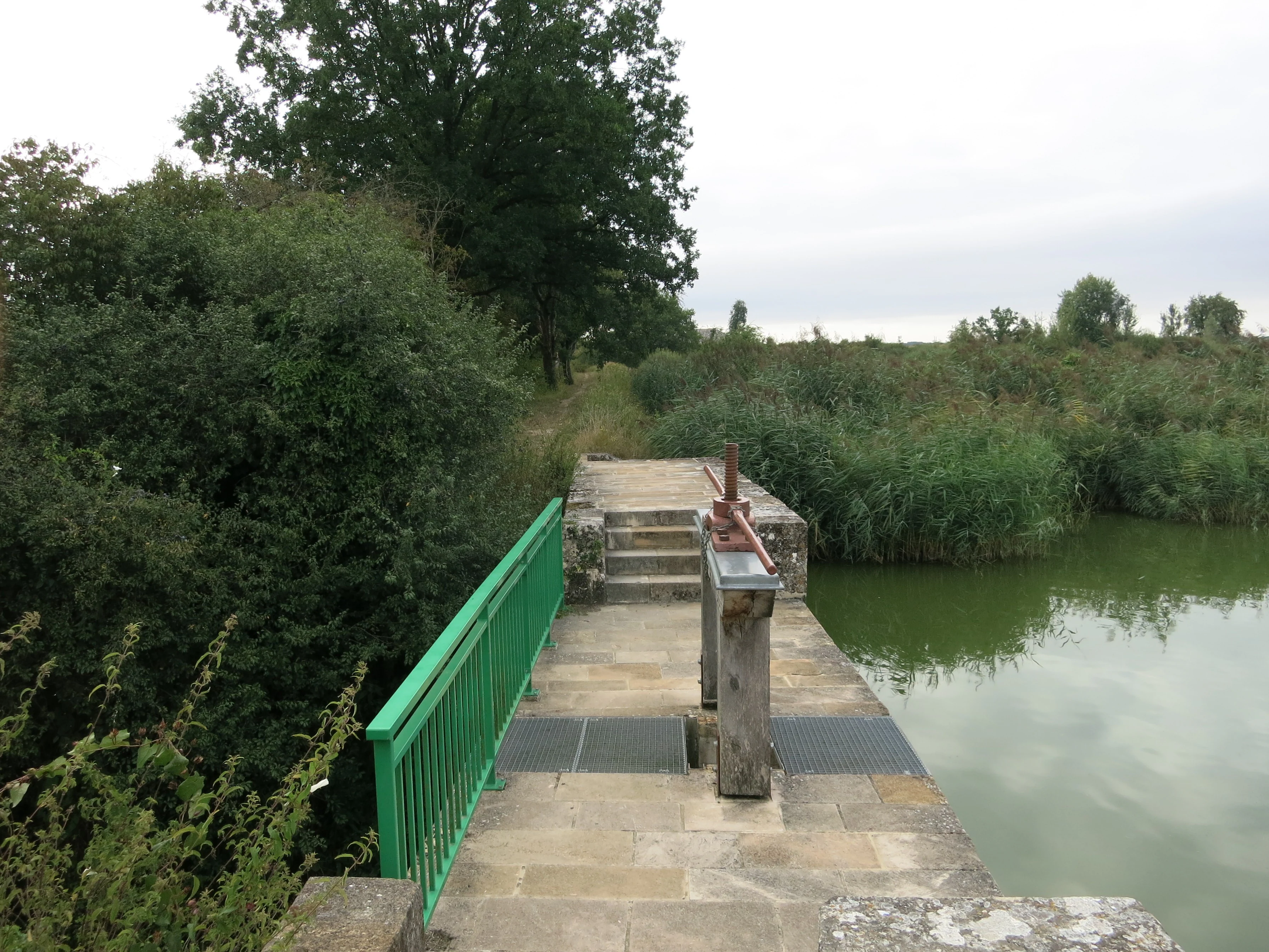 A stone walkway leading to a traditional wooden and metal sluice gate mechanism on a pond in a natural area.