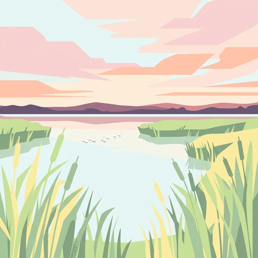 A flat, stylized graphic illustration of a wetland pond at sunset, with reeds and cattails in the foreground and a flock of birds flying over calm water towards distant hills.