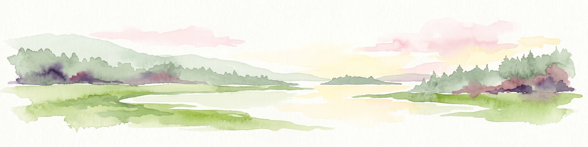 A soft, horizontal watercolor painting depicting a calm wetland landscape with grassy banks, distant forested hills, and a pale, misty sky.