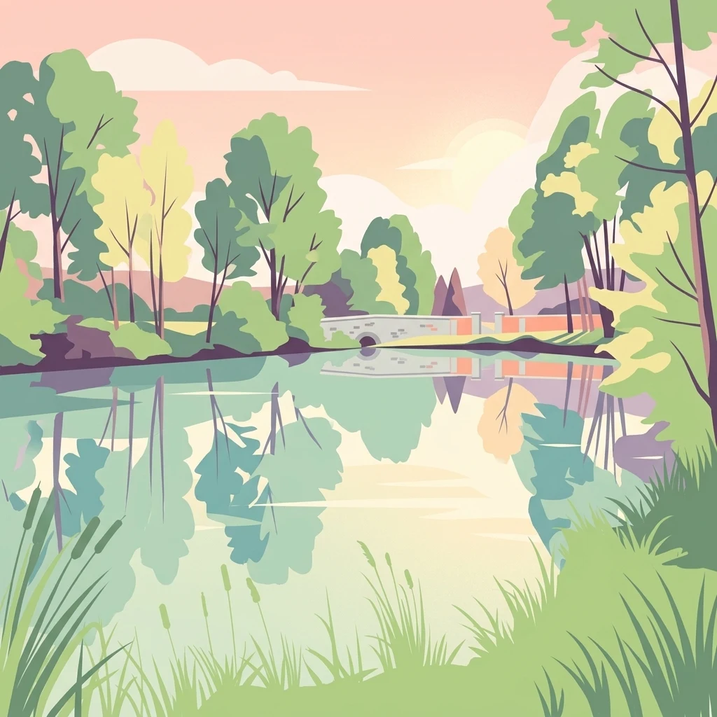 A stylized vector art illustration depicting a calm pond reflecting a stone bridge and surrounding trees at sunset.