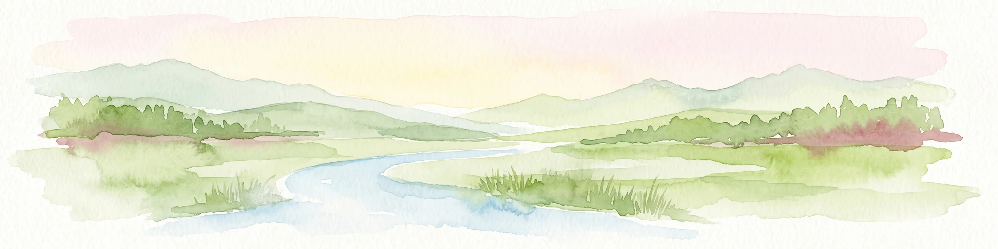 Watercolor painting of a gentle, winding river or pond flowing through a green meadow with soft, rolling hills in the background under a pale sky.