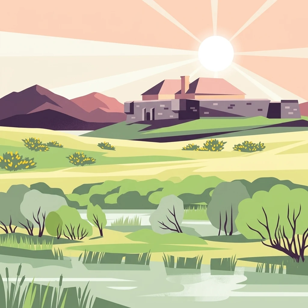 Stylized digital illustration showing a stone fort sitting on a grassy hill above a marshy pond with distant rolling hills under a bright sun.