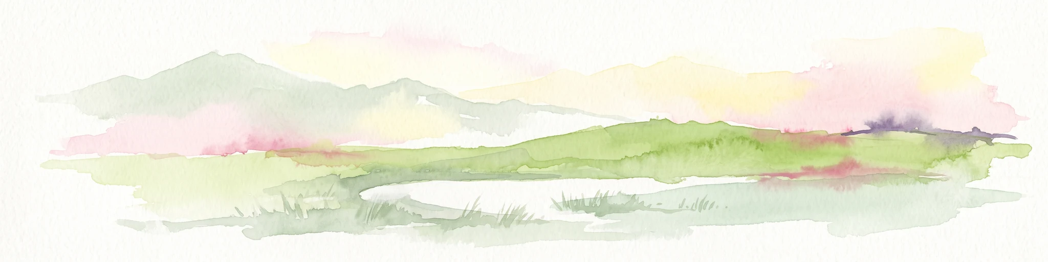 A soft watercolor painting showing a green landscape with a small pond in the foreground and rolling hills in the background under a pastel sky.