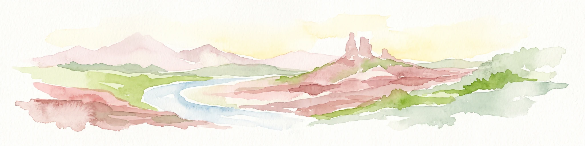 A watercolor illustration showing a landscape with red rock formations, green vegetation, and a winding blue river.