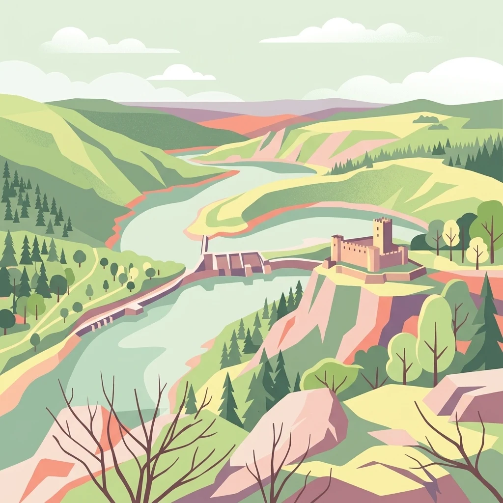 A stylized flat vector illustration of the Loire River gorge landscape, including rolling green hills, a dam, and a medieval-style castle on a cliff.
